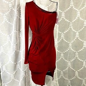 Red one shoulder dress with knot detail size S